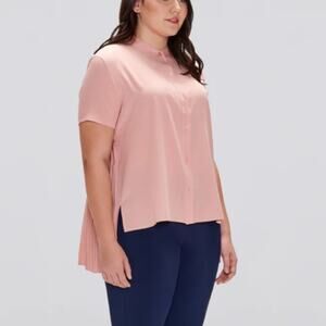 Cotidié Ada Top Rose Tan Accordion Pleat Mandarin Collar Side Slit Blouse Sz: L